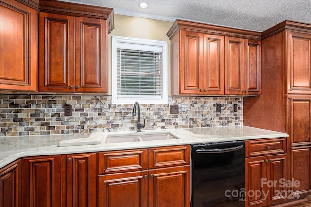 kitchen featuring light stone counters, sink, a textured ceiling, black dishwasher, and decorative backsplash