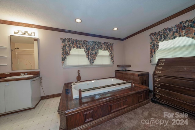 bathroom featuring ornamental molding, plus walk in shower, and vanity