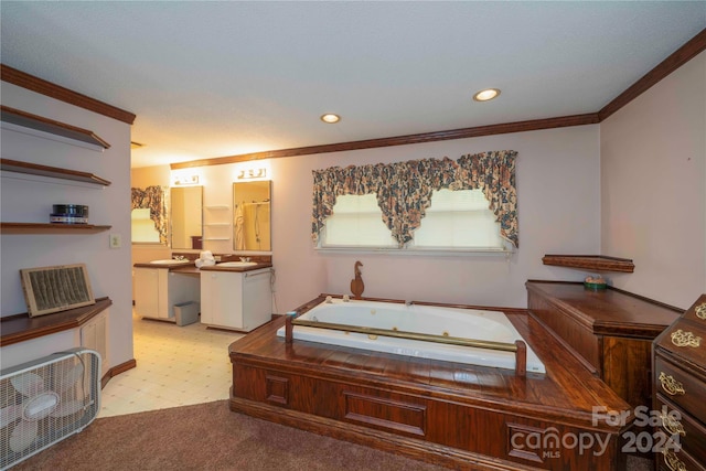 bedroom with sink and crown molding