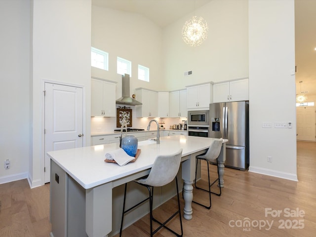 kitchen featuring white cabinetry, stainless steel appliances, a center island with sink, and wall chimney range hood