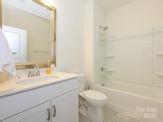 full bathroom with shower / bathtub combination, vanity, toilet, and tile patterned flooring