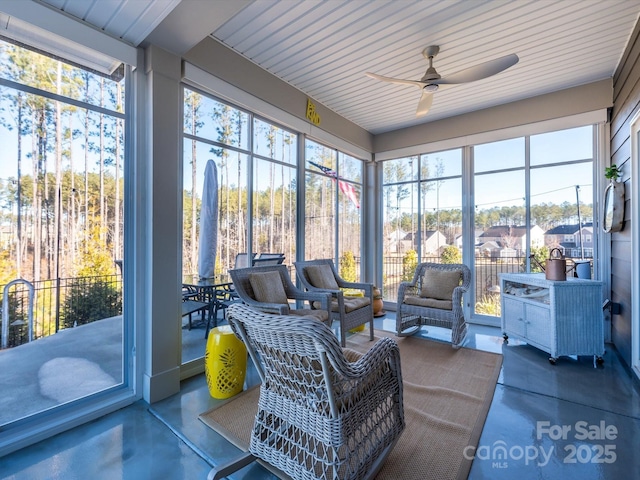 sunroom / solarium featuring ceiling fan