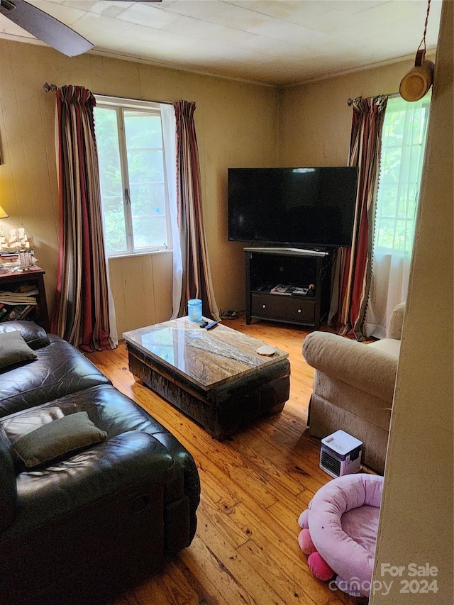 living room with wood-type flooring and wood walls