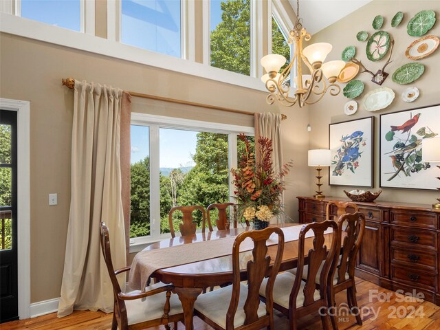 dining space with hardwood / wood-style floors, high vaulted ceiling, and a notable chandelier