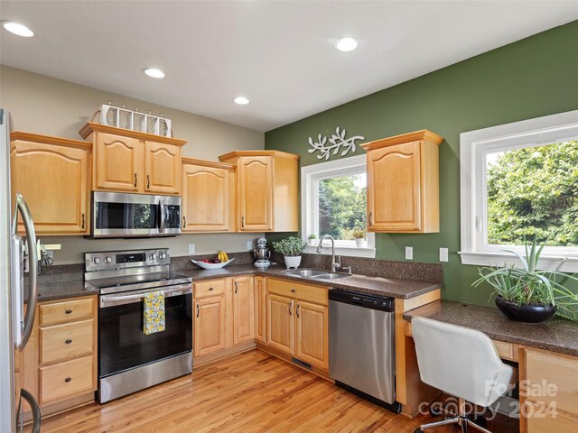 kitchen featuring stainless steel appliances, light wood-type flooring, light brown cabinetry, and sink