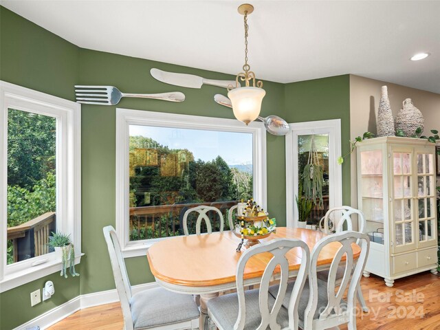 dining area with wood-type flooring and a healthy amount of sunlight