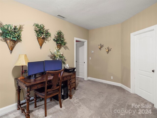 carpeted office space featuring a textured ceiling