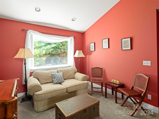 living room with lofted ceiling and carpet flooring