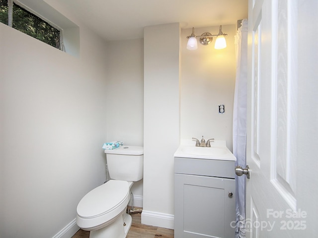 bathroom with vanity, hardwood / wood-style floors, and toilet