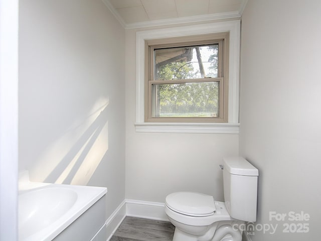 bathroom featuring ornamental molding, hardwood / wood-style floors, and toilet