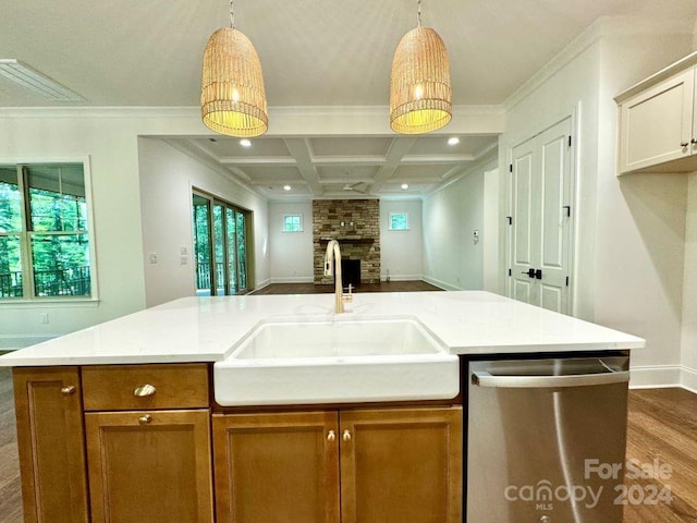 kitchen with a kitchen island with sink, sink, a healthy amount of sunlight, and stainless steel dishwasher