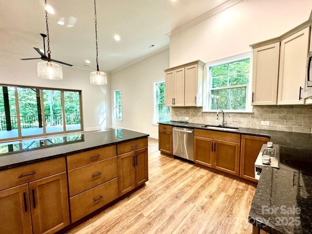 kitchen featuring light wood finished floors, tasteful backsplash, stainless steel dishwasher, ornamental molding, and a sink