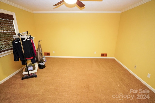 exercise room featuring carpet flooring, ceiling fan, and crown molding