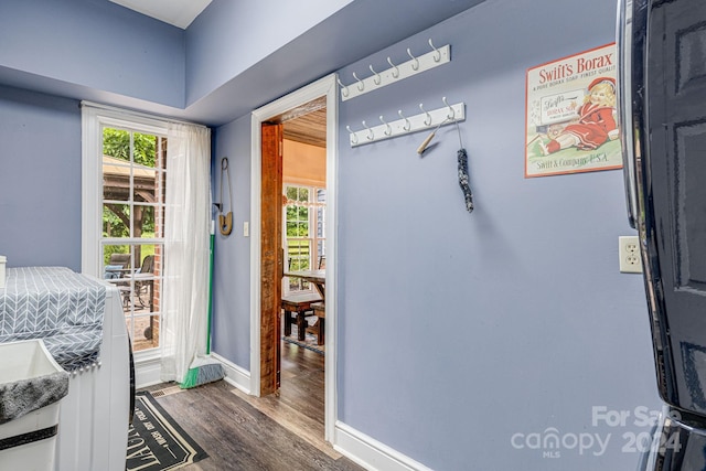 doorway to outside featuring dark wood-type flooring