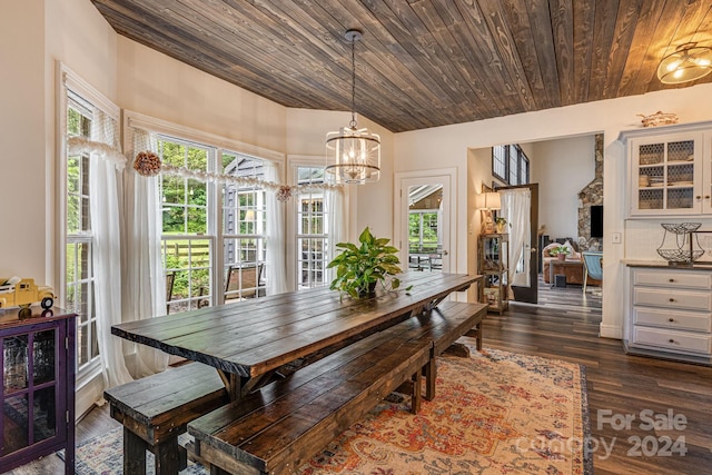 dining room with dark hardwood / wood-style floors, a notable chandelier, and wooden ceiling