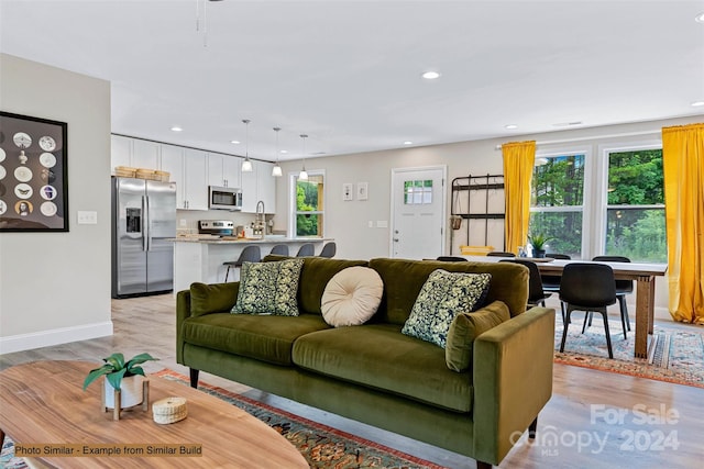 living room with a wealth of natural light and light hardwood / wood-style floors