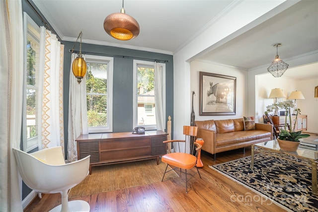 sitting room with crown molding and wood-type flooring