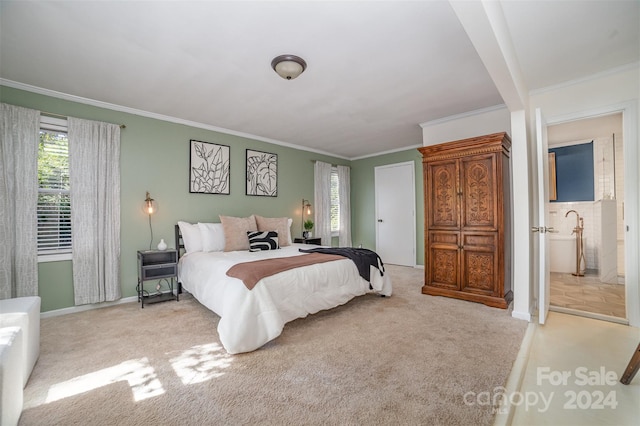 bedroom with light carpet and ornamental molding