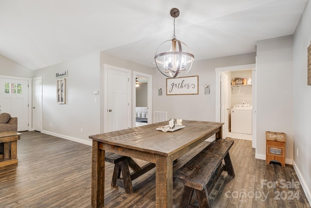 dining area featuring washer / clothes dryer, visible vents, an inviting chandelier, dark wood-type flooring, and baseboards