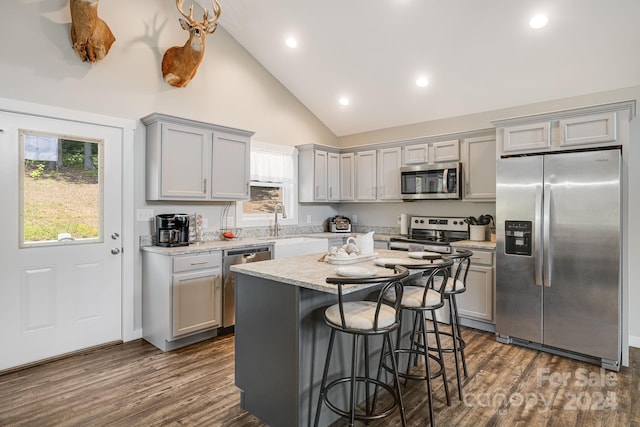 kitchen with a breakfast bar area, stainless steel appliances, dark wood-type flooring, gray cabinets, and a wealth of natural light