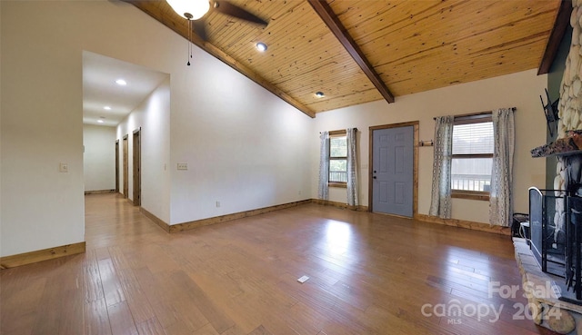 unfurnished living room featuring wood ceiling, ceiling fan, beam ceiling, high vaulted ceiling, and hardwood / wood-style floors