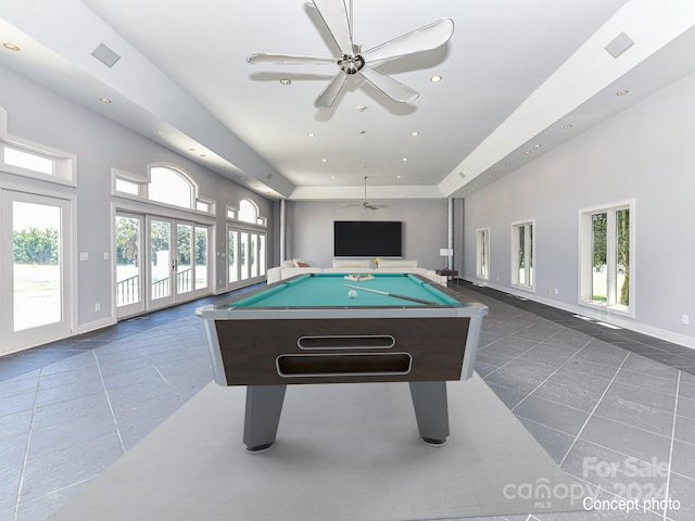 playroom with ceiling fan, dark tile patterned flooring, billiards, and french doors