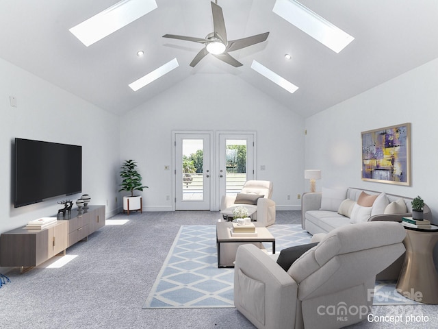 living room with ceiling fan, light colored carpet, and high vaulted ceiling