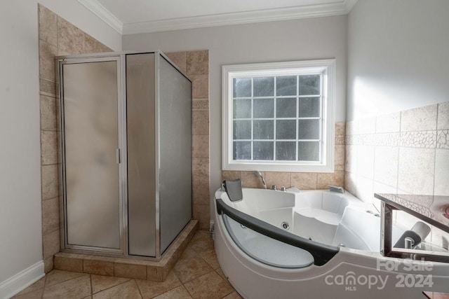 bathroom featuring tile patterned floors, a healthy amount of sunlight, and ornamental molding