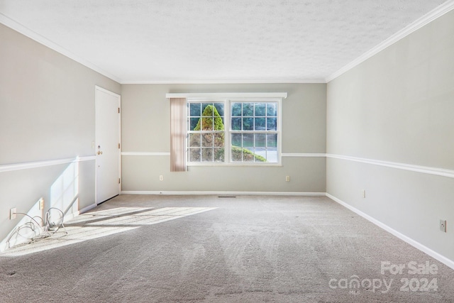 carpeted empty room featuring crown molding and a textured ceiling