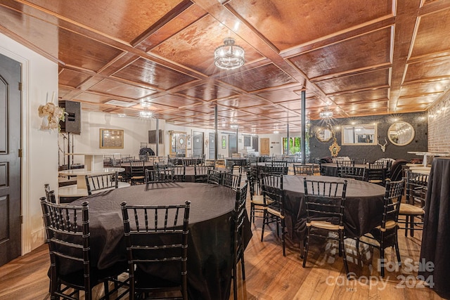 dining area with hardwood / wood-style flooring, wooden ceiling, and coffered ceiling