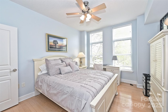 bedroom featuring ceiling fan and light hardwood / wood-style flooring