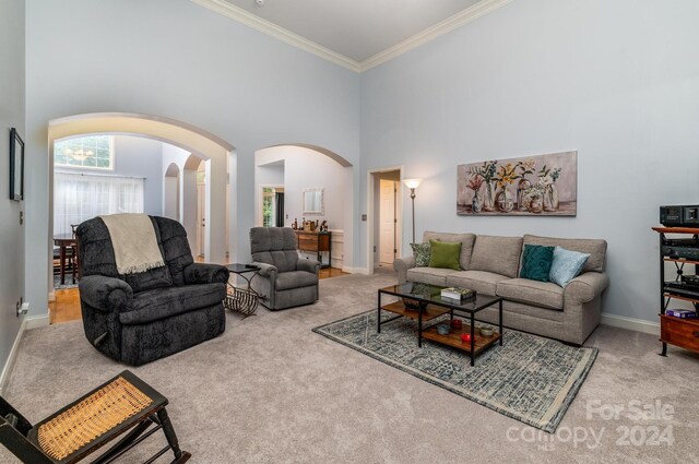 carpeted living room with crown molding and a high ceiling