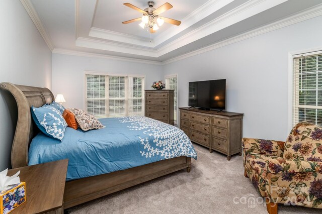 bedroom with multiple windows, a tray ceiling, light colored carpet, and ceiling fan