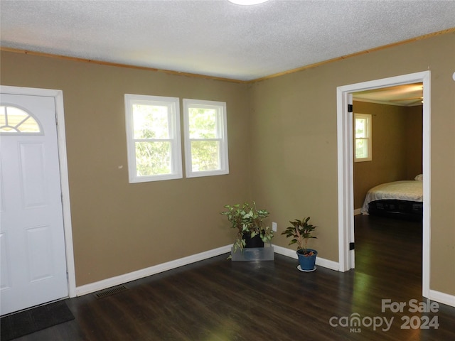 foyer with a textured ceiling and dark wood-type flooring