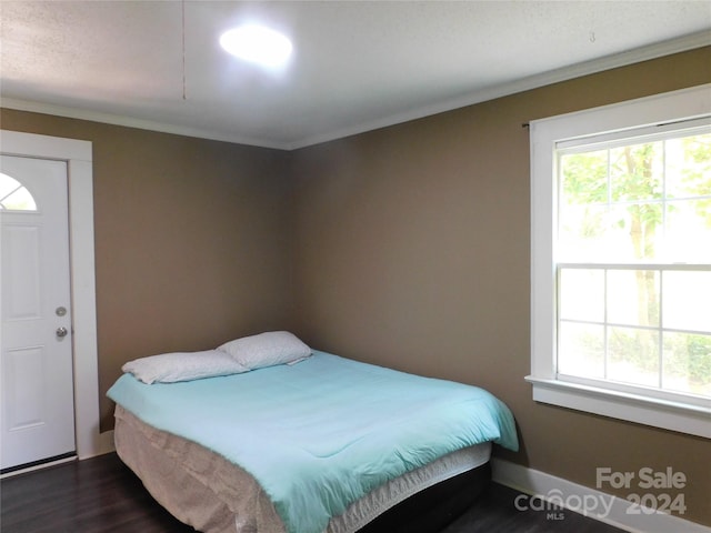 bedroom featuring dark wood-type flooring and ornamental molding