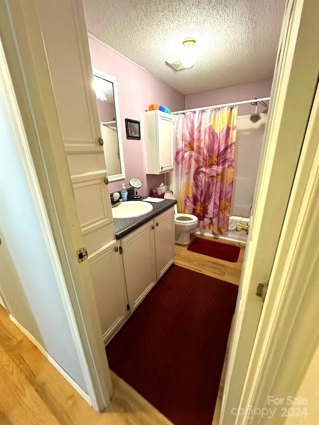 bathroom featuring a textured ceiling, toilet, vanity, and a shower with shower curtain