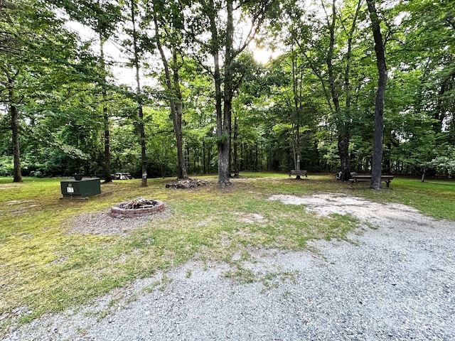 view of yard featuring an outdoor fire pit