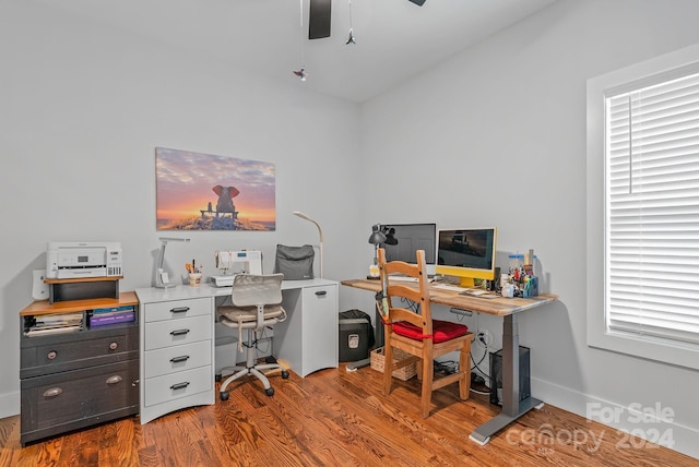 office space with ceiling fan, light hardwood / wood-style floors, and a wealth of natural light