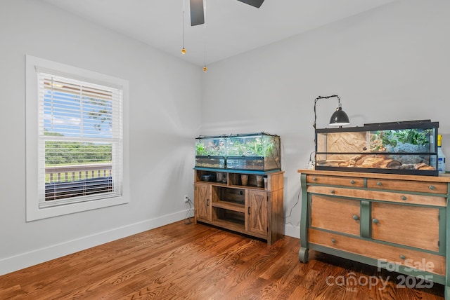 bedroom with ceiling fan, baseboards, and wood finished floors