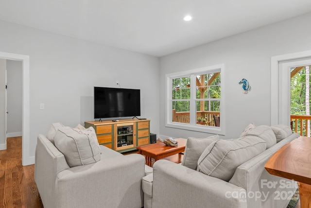 living room featuring recessed lighting, baseboards, and wood finished floors
