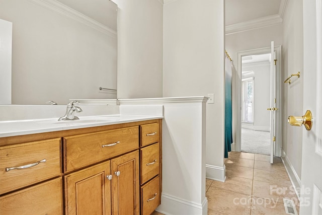 full bath featuring tile patterned floors, vanity, visible vents, and ornamental molding