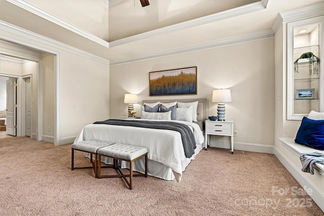 bedroom featuring light carpet, a tray ceiling, ornamental molding, and baseboards