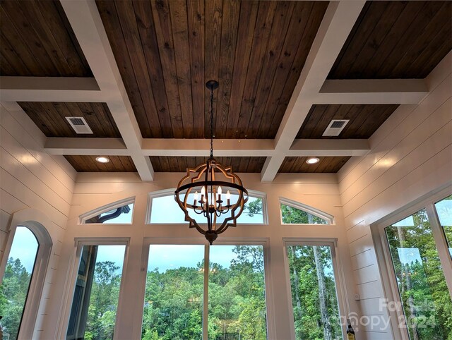 room details featuring a notable chandelier, visible vents, wood ceiling, coffered ceiling, and beamed ceiling