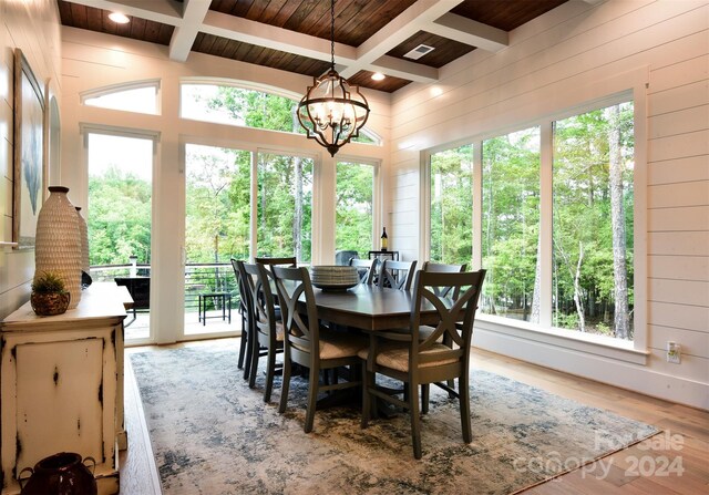 sunroom with a chandelier, a healthy amount of sunlight, and coffered ceiling