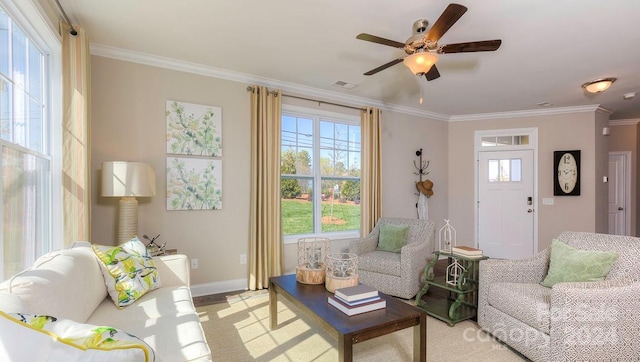 living room featuring ceiling fan, plenty of natural light, and crown molding