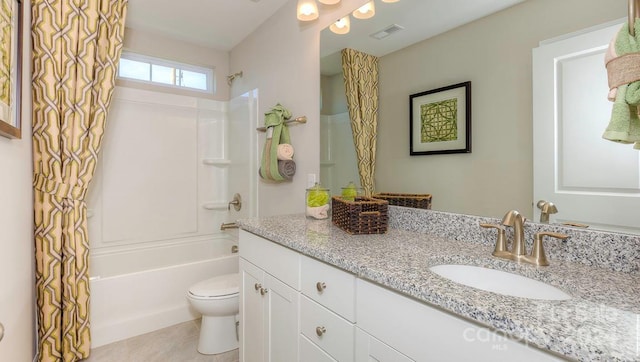 full bathroom featuring toilet, shower / tub combo, tile patterned floors, and vanity