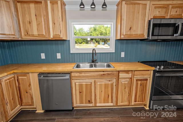 kitchen featuring stainless steel appliances, butcher block countertops, a sink, and light brown cabinetry