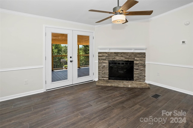 unfurnished living room featuring french doors, visible vents, ornamental molding, wood finished floors, and baseboards