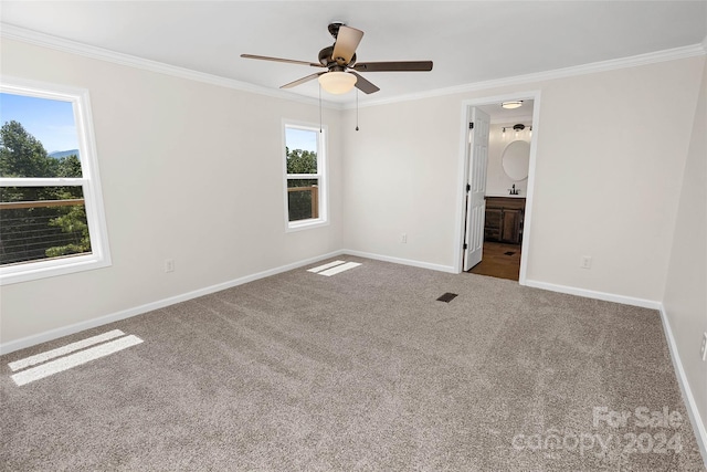 unfurnished room featuring baseboards, a ceiling fan, ornamental molding, carpet floors, and a sink