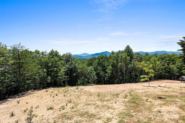 mountain view featuring a wooded view